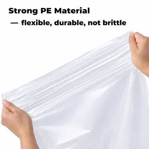 Heavy Duty 50 Pound Meat Lug Liners, 10 Pack, 4 Mil Thick Tub Liners being stretched to show flexibility.