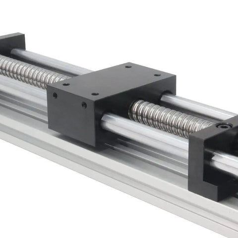 Close-up of 150mm Travel Dual Optical Axis Ballscrew SFU1605 Kit with NEMA23 Stepper Motor for CNC Router and 3D Printer