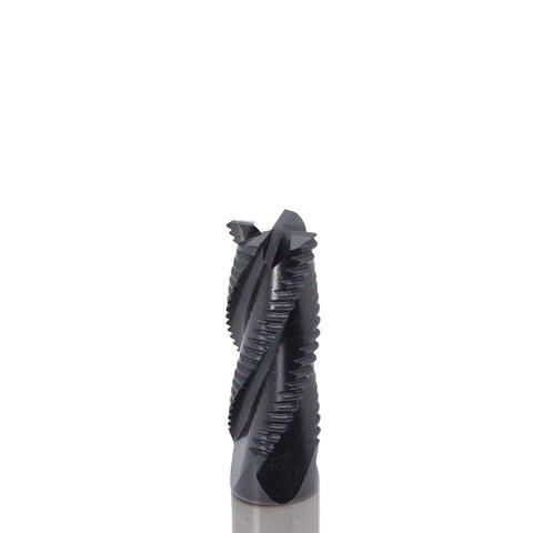 Roughing end mill close-up: square-nose, HSS, 4-flute, 1/2 in shank, 1-1/4 in flute length
