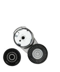 Must-Have Drive Belt Tensioner And Idler Pulley Kit That Fits Ram Caravan 2011 To 2019 With 3.6L V6 Engine, top view with black and silver components.