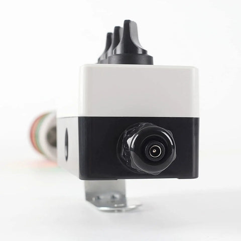 Close-up of Two Stack LED Andon Tower Signal Light for Industrial Use, showing connector port and base angle.
