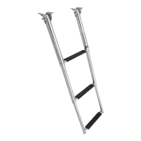 Three Step Telescoping Boat Ladder Welded From Marine Grade 304 Stainless Steel Featuring Beefy Anti Slip Steps and Heavy Duty Fold Down Mount.