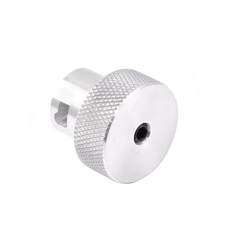Front view of 6061 aluminum bottle jack valve knob with knurled edge and centered threaded hole.