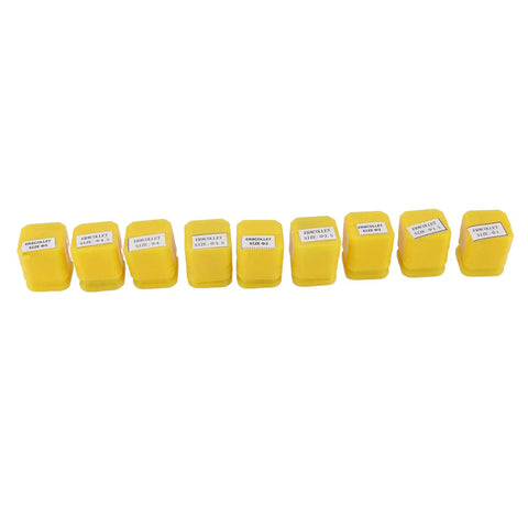 Solid 9Pc Er8 Collet Set For Cnc Mill And Lathe High Speed Steel Tool Chuck Ultra Precise Clamping From 1 To 5mm yellow storage cases labeled with sizes.
