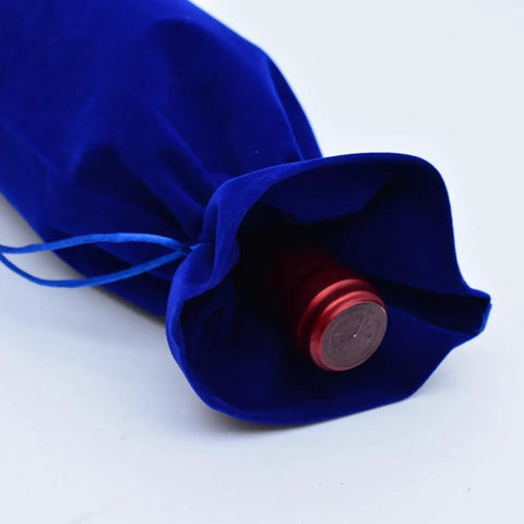 Soft Flannel Wine Bottle Bags With Drawstring Closure Set Of 4 in dark blue displaying red bottle neck