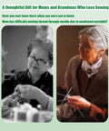 Two elderly women with sewing needles, showcasing benefits of Two-In-One Sewing Needle Threader And Seam Ripper tool for easy sewing.