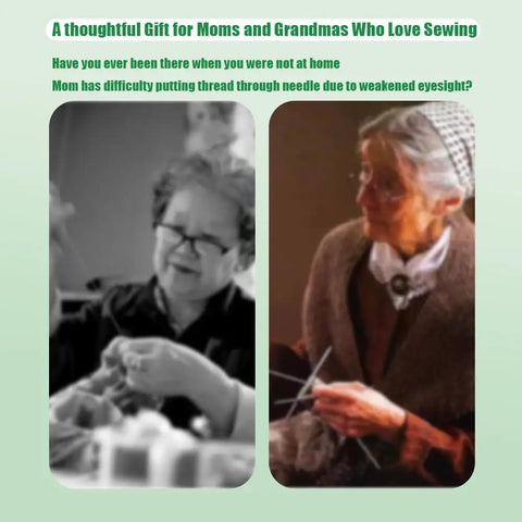 Two elderly women with sewing needles, showcasing benefits of Two-In-One Sewing Needle Threader And Seam Ripper tool for easy sewing.