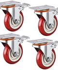 Heavy Duty Polyurethane Brake Caster Set Universal Mounting Plates Four Piece Smooth Rolling Furniture Casters set with red wheels.