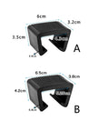 Two black outdoor furniture clips for patio sofas, rattan, and wicker chairs, showing dimensions in centimeters, labeled A and B.