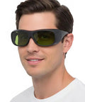 Man wearing 800-1100 Nanometer Laser Safety Goggles With OD 5 Plus Protection Across 800-1100 Nanometer And OD 7 Plus For 1000-1090 Nanometer