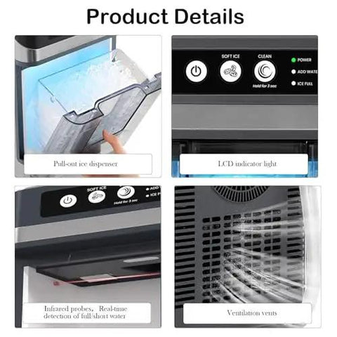 Large Capacity Countertop Ice Maker With No Fuss Self Cleaning And Three Liter Detachable Tank Churning Out Fresh Nugget Ice Quickly features LCD indicator and pull-out ice dispenser.