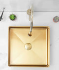Square Stainless Steel Vessel Sink T304 Bathroom Wash Basin Counter Mount With Pop Up Drain Brushed Nano Finish top view with faucet
