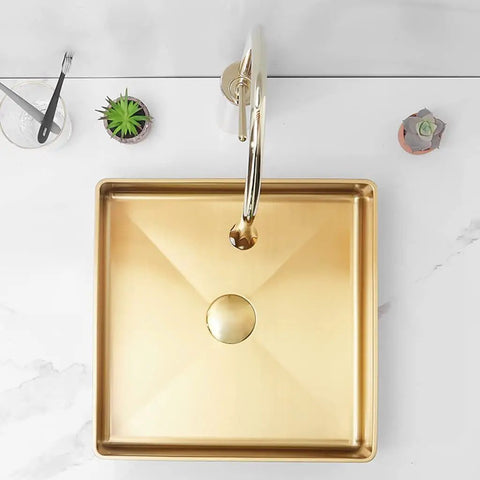 Square Stainless Steel Vessel Sink T304 Bathroom Wash Basin Counter Mount With Pop Up Drain Brushed Nano Finish top view with faucet