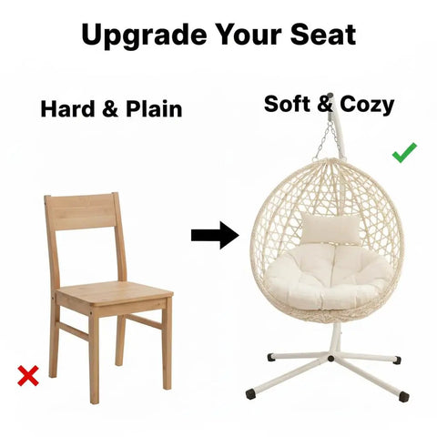 Comparison of wooden chair and Hanging Egg Chair With Stand For Patio And Balcony, Indoor Outdoor Swing Chair With Comfy Cushioned Seat And Headrest, Weatherproof PE Wicker, Sturdy Steel Frame, 350 Lbs Capacity, White