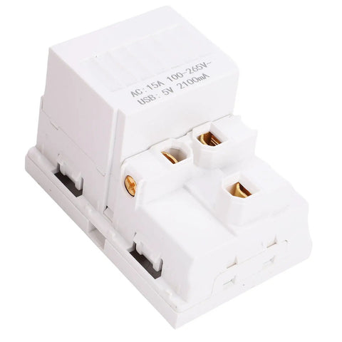 White 15A Duplex Electrical Receptacle Outlet With Wall Plate And Dual USB Charging Ports showing dual USB ports and secure mounting clips.