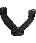 Close-up of Shaped Rifle Rest With Portable Tripod Mount, black yoke, ribbed for stable outdoor shooting and target practice.