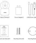 Diagram of 4MP Ultra HD Dual Band WiFi Security Camera set with adapter, power cable, manual, screws, and bracket.