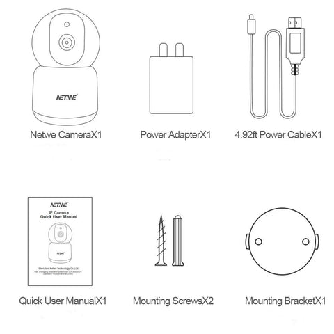 Diagram of 4MP Ultra HD Dual Band WiFi Security Camera set with adapter, power cable, manual, screws, and bracket.