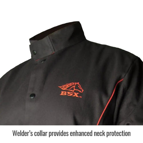 BSX 9 Oz Contoured Flame-Resistant Cotton Welding Jacket With Welder's Collar, dual scribe pockets, leather snaps, XL, black
