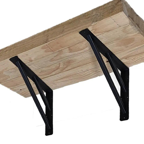 Two Pack Rock Solid Shelf Brackets 16 By 12 Inch Wall Mounted Heavy Duty Floating Support Braces Matte Black Steel Braces holding wood shelf.