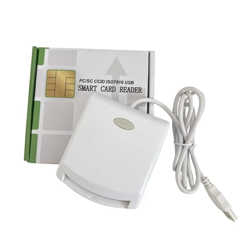 Contact EMV SIM eID USB CCID Smart IC Card Reader Writer Programmer Kit with 2 SLE4442 cards and SDK, front view.