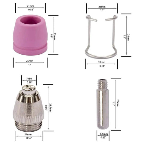 Premium Ag60 G55 Wsd60 Plasma Cutting Torch Tip Nozzles Consumables Kit includes various nozzle components with dimensions for precise cuts.