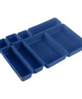 Eight Piece Interlocking Drawer Organizers Set for Home Office Kitchen Storage in Blue, customizable modular bins displayed.
