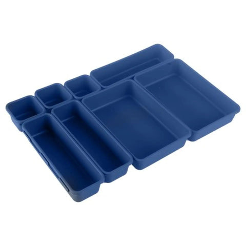 Eight Piece Interlocking Drawer Organizers Set for Home Office Kitchen Storage in Blue, customizable modular bins displayed.