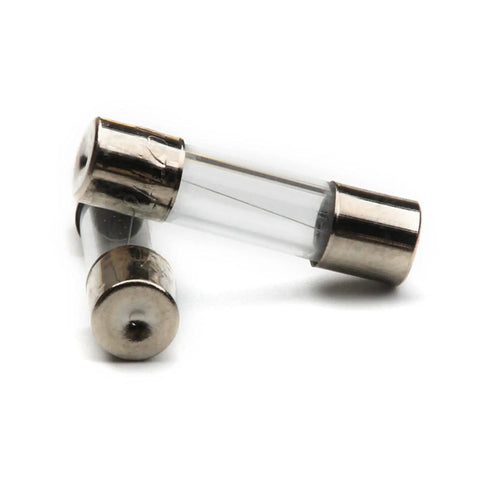 Close-up of Assorted Glass Tube Fuses Kit 5x20mm Quick Blow 0.2A To 30A 250V Fast Blow Set with tin plated zinc terminals.