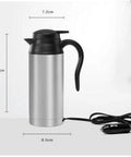 Grab And Go Smart Electric Heated Travel Coffee Mug With Rugged 304 Stainless Steel 750ML size and 12V car plug shown with dimensions.