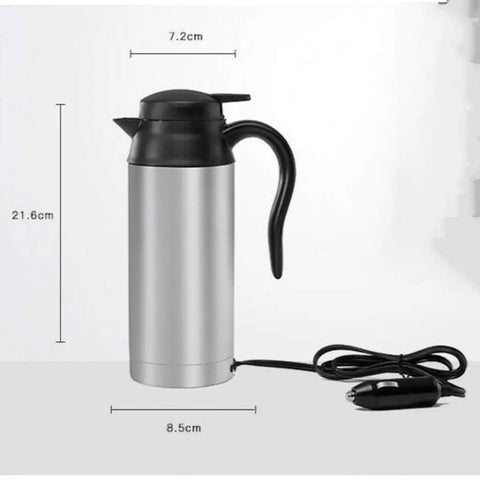Grab And Go Smart Electric Heated Travel Coffee Mug With Rugged 304 Stainless Steel 750ML size and 12V car plug shown with dimensions.