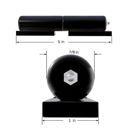 Two-pack HLMOptimo weld-on barrel hinges, black finish; side view shows 5 in length, front view shows 7/8 in ball.