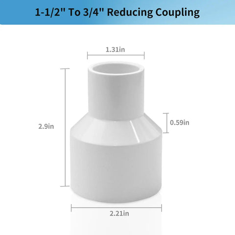 LESSO 10PCS PVC Pipe Fittings, 1-1/2" to 3/4" PVC Reducing Coupling (SOC × SOC), shown with dimensions for plumbing use.