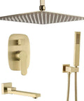 UMJIGF Shower System,Ceiling Mount Brushed Gold Bathroom Brass Ceiling features a 10 inch rainfall shower head and handheld shower faucet.