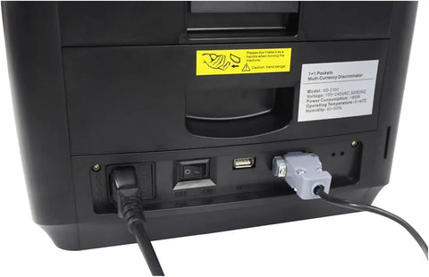 Fast Track Auto Bill Money Counter With Serial Number Reader And Multi Currency Denomination Sorter showing back panel with power connections.