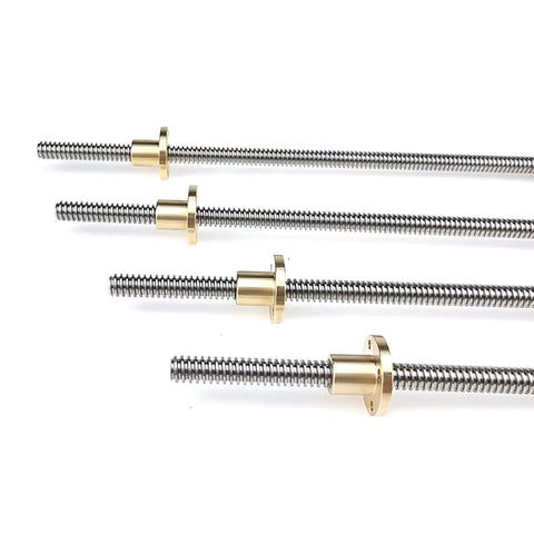 8mm T8 Threaded Trapezoidal Lead Screw For 3D Printers, Beefy Stainless Steel Durability, 2mm Pitch Or 12mm Lead Options, Easy Install, Precise Motion, One Piece Construction, Ideal For DIY CNC And FDM Printers, stainless lead screws shown in four lengths