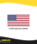 American flag with text 'A Proud American Company' and Complete Struts logo, related to All-In-One Front Strut Assemblies With Coil Springs And Rear Shocks For 2010 2013 Mazda 3 Set Of 4 Bolt-In Replacement Ready-To-Ride Smooth Ride 1-Year Warranty.