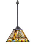 Tiffany Style Pendant Light Fixture With Dope Vintage Mission Farmhouse Charm 8 Inch Wide Stained Glass Pendant Light shown lit