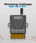 Wireless 12V Remote Switch With 30A Relay, 433MHz RF Control For 12V-72V DC Motors, front view showing terminals and wiring inputs.