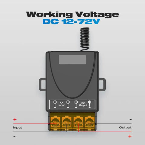 Wireless 12V Remote Switch With 30A Relay, 433MHz RF Control For 12V-72V DC Motors, front view showing terminals and wiring inputs.