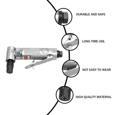 Professional Grade Rock Solid 90 Degree Pneumatic Die Grinder Kit showing durable high quality material for metal wood fabrication tasks.