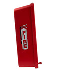 Heavy Duty Outdoor Fire Extinguisher Cabinet Hangs Tough Against Sun And Rain Lock Box Fits Twenty Pound Units Red Wall Mounted Safety Case profile view.