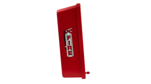 Heavy Duty Outdoor Fire Extinguisher Cabinet Hangs Tough Against Sun And Rain Lock Box Fits Twenty Pound Units Red Wall Mounted Safety Case profile view.