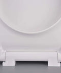 Bottom view of Elongated Toilet Seat With Slow Close Lids Easy To Install And Clean Durable White Plastic Replacement hinges