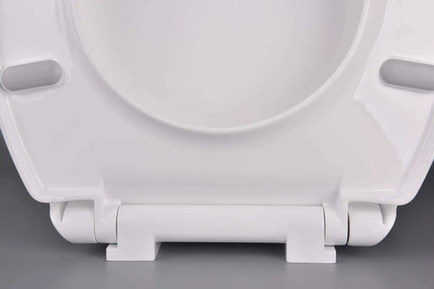 Bottom view of Elongated Toilet Seat With Slow Close Lids Easy To Install And Clean Durable White Plastic Replacement hinges