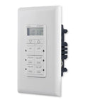 Side view of In Wall Digital Timer With Four Programmable On Off Buttons And Two Easy Override Controls For Indoor And Outdoor Lights And Fans 24 Hour Daily Cycle With Blue Led Indicators And Battery Backup, white 120VAC unit.