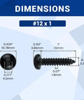 Dimensions of #12 x 1 black Torx pan head sheet metal screw, showcasing size specs for 50 Pack Black Torx Pan Head Sheet Metal Screws 304 Stainless Steel Built Like A Tank Heavy Duty Fasteners T30 Drive Salt Spray Resistant Knockout Quality Gear For Tough Jobs And Easy Diy Repairs.