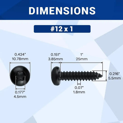 Dimensions of #12 x 1 black Torx pan head sheet metal screw, showcasing size specs for 50 Pack Black Torx Pan Head Sheet Metal Screws 304 Stainless Steel Built Like A Tank Heavy Duty Fasteners T30 Drive Salt Spray Resistant Knockout Quality Gear For Tough Jobs And Easy Diy Repairs.