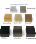 Cascada Showers color swatches featuring Chrome, Brushed Nickel, Polished Gold, Brushed Gold, Rose Gold, Matt Black, Antique Brass, Oil Rubbed Bronze.
