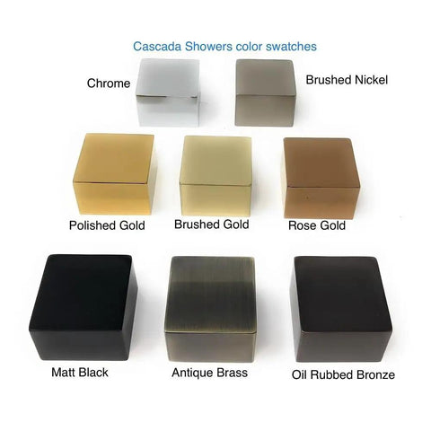 Cascada Showers color swatches showcasing Chrome, Polished Gold, Brushed Gold, Rose Gold, Matt Black, Antique Brass, and Oil Rubbed Bronze.